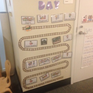 A wall located in a PreK 4 class outlining the day's schedule.